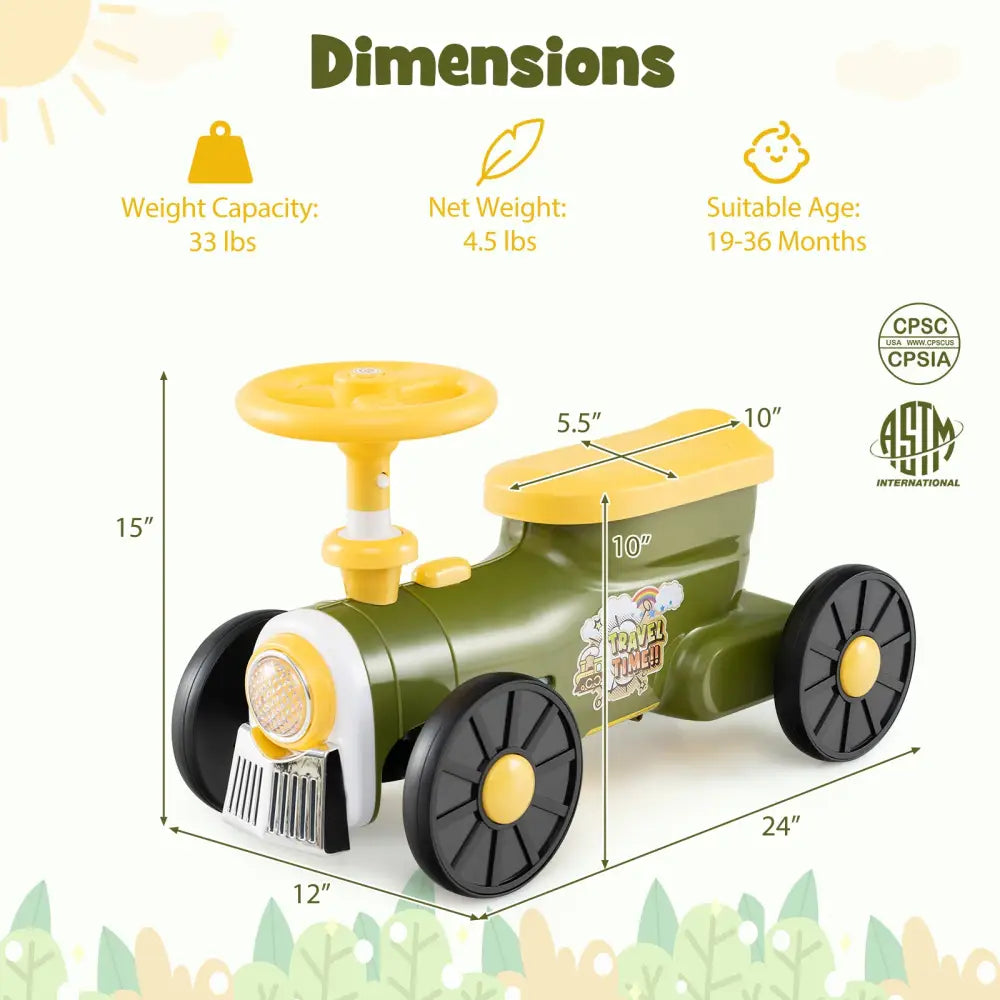 Ride on Toy with Steering Wheel and Train Whistle Sound Button-Green - Green - Push & Pedal Ride On Toys