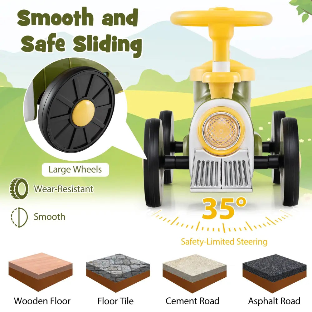 Ride on Toy with Steering Wheel and Train Whistle Sound Button-Green - Green - Push & Pedal Ride On Toys