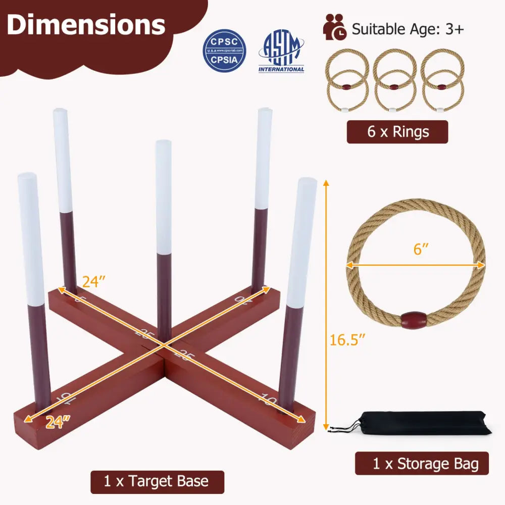 Ring Toss Game for Kids and Adult with 6 Rope Rings and Storage Bag-Brown - Brown - Lawn Games