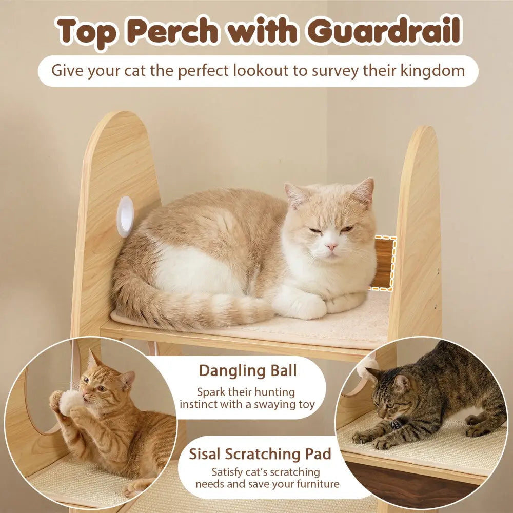 Rocket Cat Tree 47 Inch Large Wooden Cat Tower for Indoor Cats-Natural - Natural - Cat Trees Condos & Scratchers