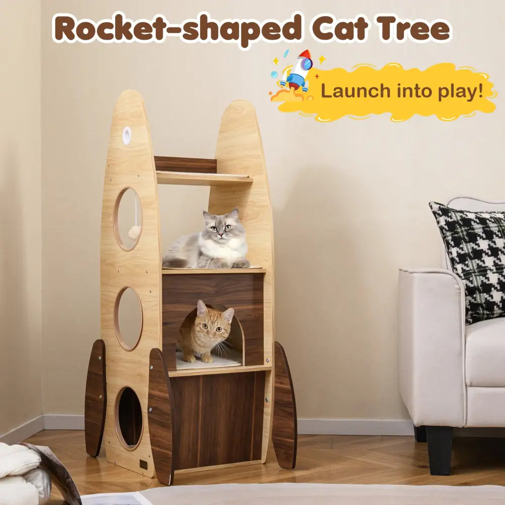 Rocket Cat Tree 47 Inch Large Wooden Cat Tower for Indoor Cats-Natural - Natural - Cat Trees Condos & Scratchers