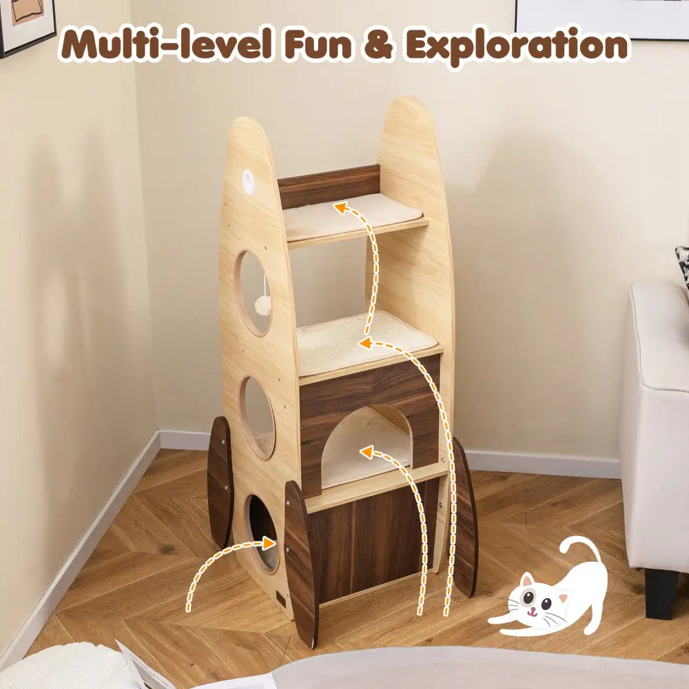 Rocket Cat Tree 47 Inch Large Wooden Cat Tower for Indoor Cats-Natural - Natural - Cat Trees Condos & Scratchers