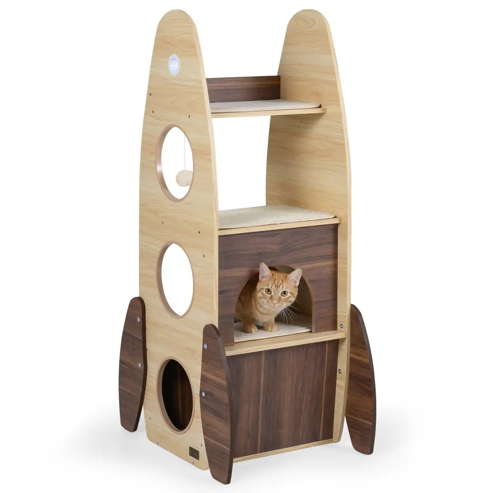 Rocket Cat Tree 47 Inch Large Wooden Cat Tower for Indoor Cats-Natural - Natural - Cat Trees Condos & Scratchers