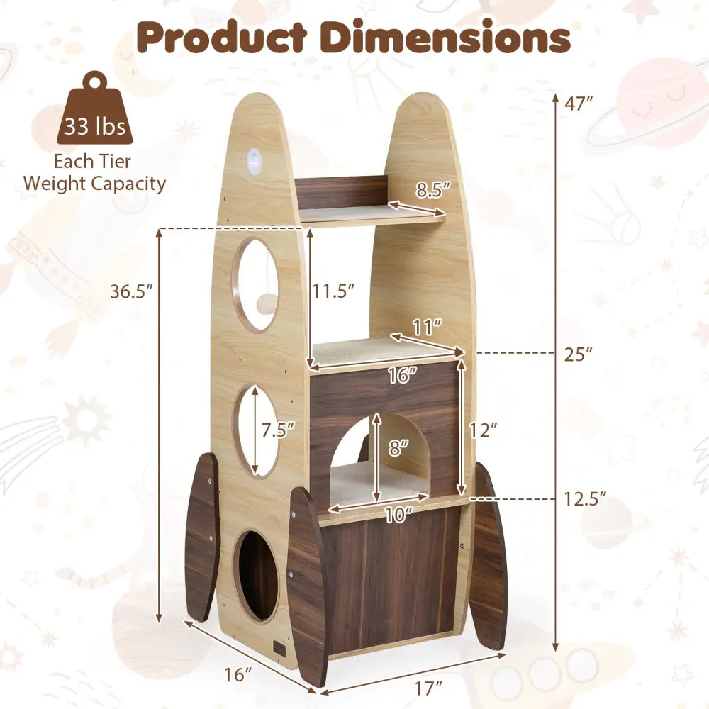 Rocket Cat Tree 47 Inch Large Wooden Cat Tower for Indoor Cats-Natural - Natural - Cat Trees Condos & Scratchers