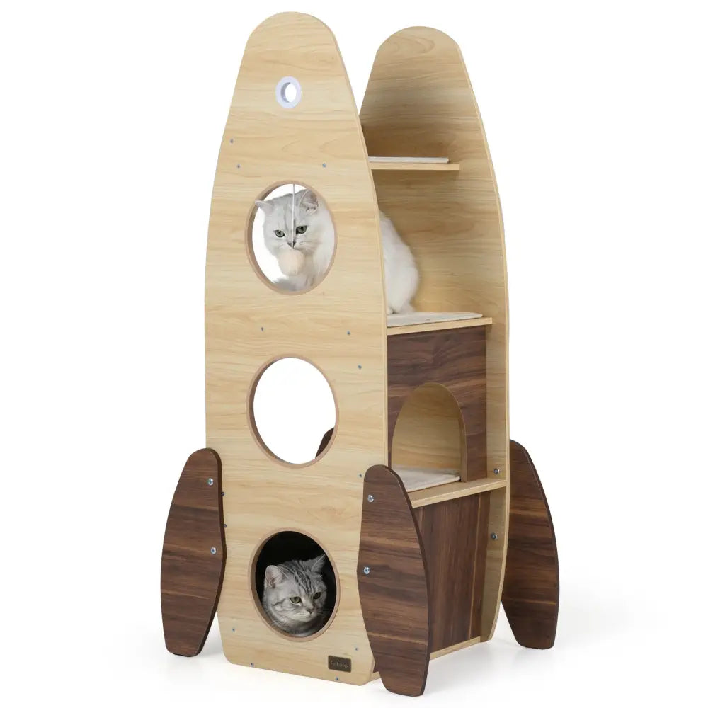 Rocket Cat Tree 47 Inch Large Wooden Cat Tower for Indoor Cats-Natural - Natural - Cat Trees Condos & Scratchers