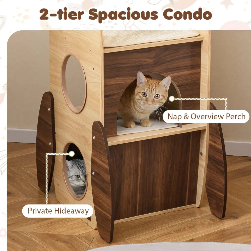 Rocket Cat Tree 47 Inch Large Wooden Cat Tower for Indoor Cats-Natural - Natural - Cat Trees Condos & Scratchers