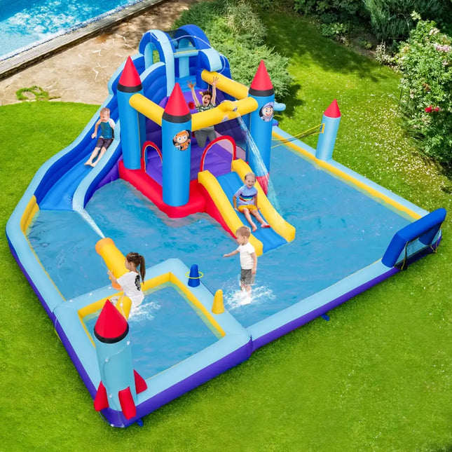 Rocket Theme Inflatable Water Slide Park - Blue - Outdoor Play