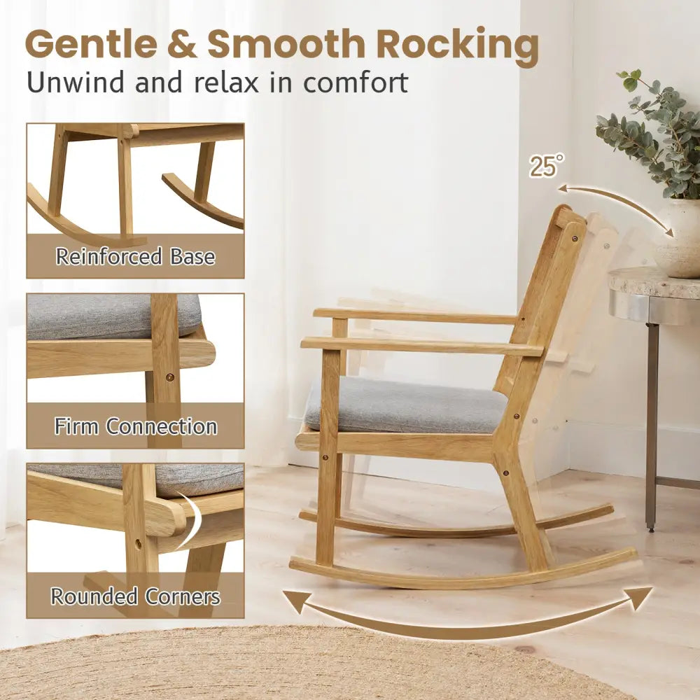 Rocking Chair with Cushion Solid Rubber Wood Rocker with Padded Seat-Natural - Natural - Accent Chairs