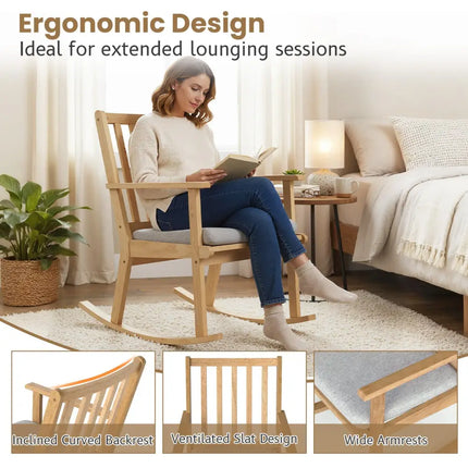 Rocking Chair with Cushion Solid Rubber Wood Rocker with Padded Seat-Natural - Natural - Accent Chairs