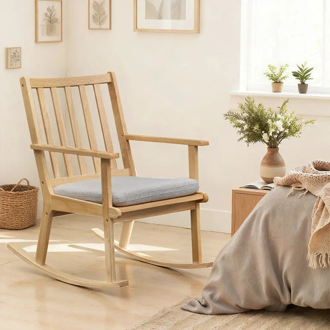 Rocking Chair with Cushion Solid Rubber Wood Rocker with Padded Seat-Natural - Natural - Accent Chairs