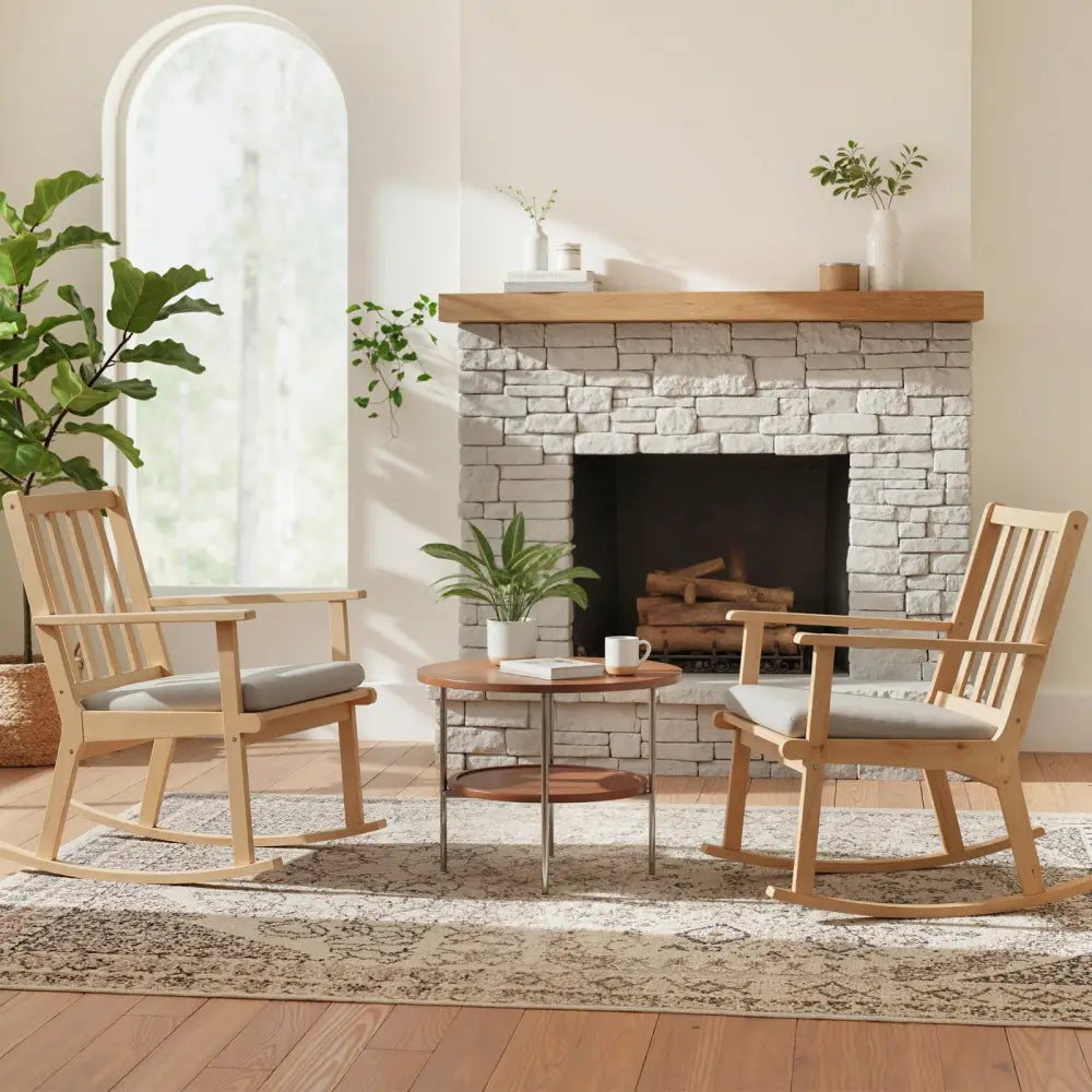 Rocking Chair with Cushion Solid Rubber Wood Rocker with Padded Seat-Natural - Natural - Accent Chairs