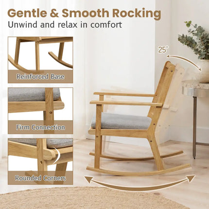 Rocking Chair with Cushion Solid Rubber Wood Rocker with Padded Seat-Natural - Natural - Accent Chairs