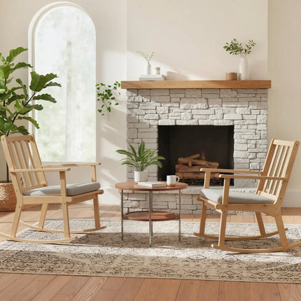 Rocking Chair with Cushion Solid Rubber Wood Rocker with Padded Seat-Natural - Natural - Accent Chairs
