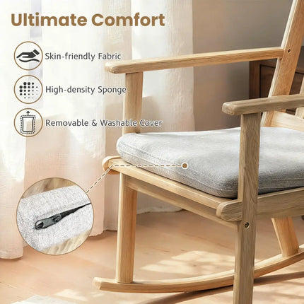 Rocking Chair with Cushion Solid Rubber Wood Rocker with Padded Seat-Natural - Natural - Accent Chairs