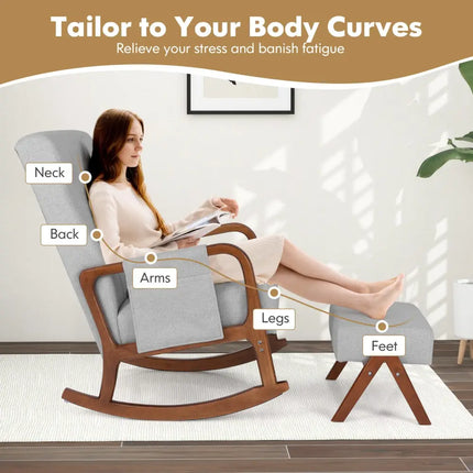 Rocking Chair with Ottoman and Solid Rubber Wood Frame and Padded Cushion-Gray - Gray - Accent Chairs