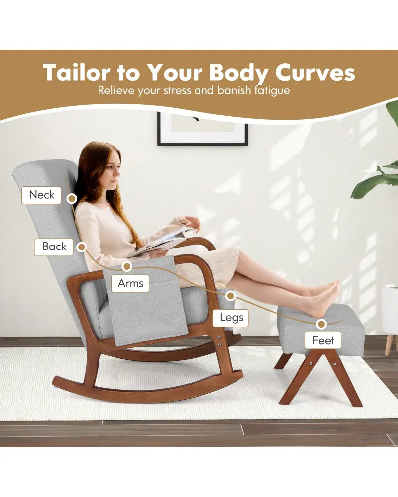 Rocking Chair with Ottoman and Solid Rubber Wood Frame and Padded Cushion-Gray - Gray - Accent Chairs