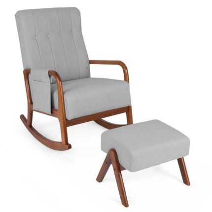 Rocking Chair with Ottoman and Solid Rubber Wood Frame and Padded Cushion-Gray - Gray - Accent Chairs