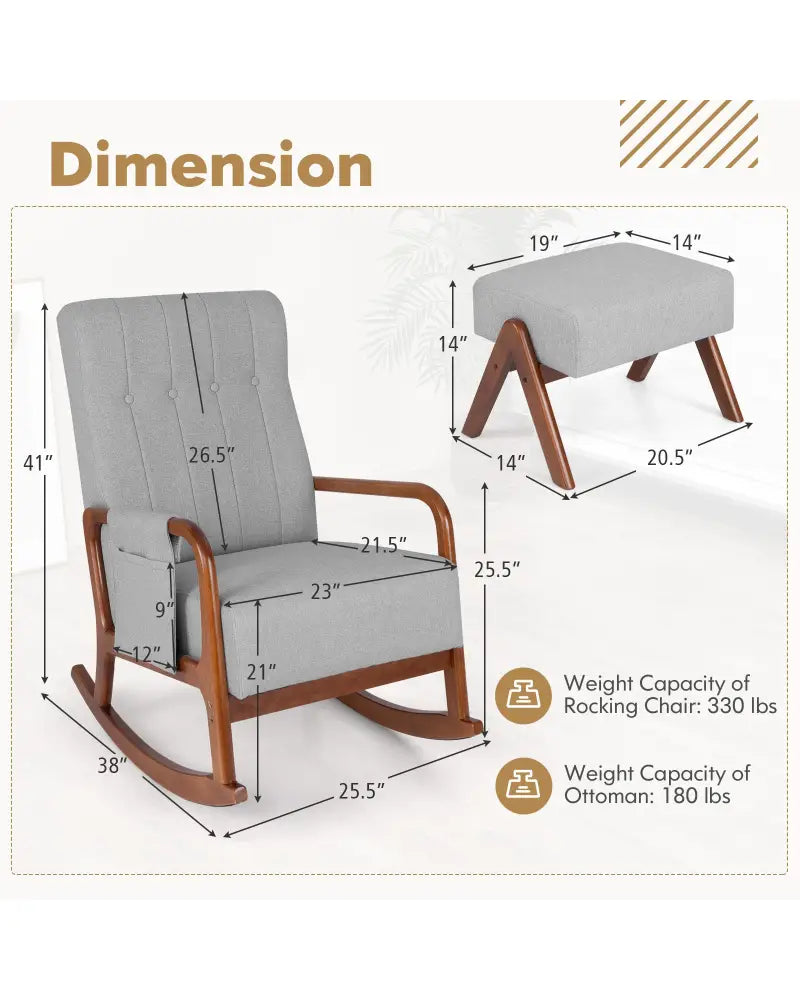 Rocking Chair with Ottoman and Solid Rubber Wood Frame and Padded Cushion-Gray - Gray - Accent Chairs