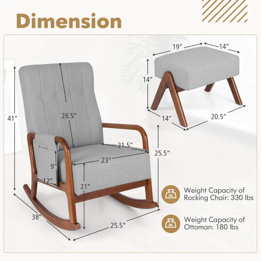 Rocking Chair with Ottoman and Solid Rubber Wood Frame and Padded Cushion-Gray - Gray - Accent Chairs