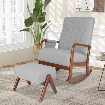 Rocking Chair with Ottoman and Solid Rubber Wood Frame and Padded Cushion-Gray - Gray - Accent Chairs