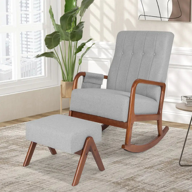 Rocking Chair with Ottoman and Solid Rubber Wood Frame and Padded Cushion-Gray - Gray - Accent Chairs