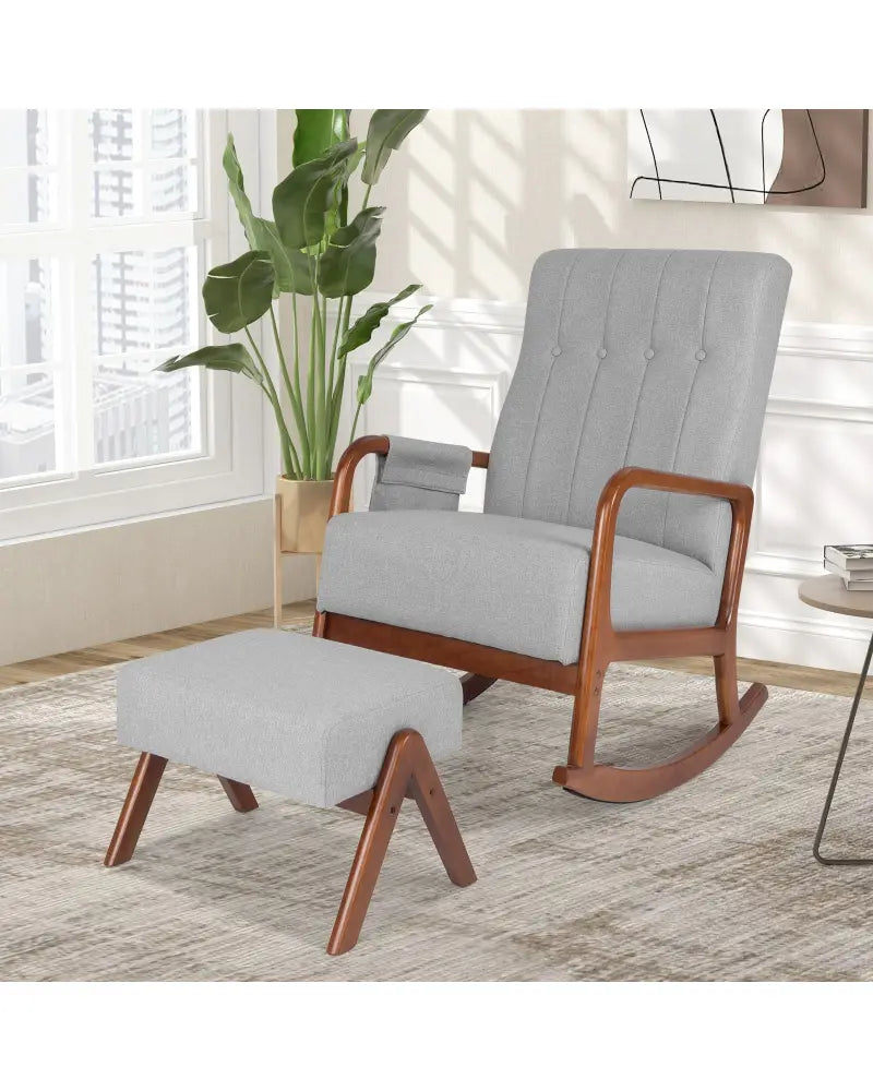 Rocking Chair with Ottoman and Solid Rubber Wood Frame and Padded Cushion-Gray - Gray - Accent Chairs