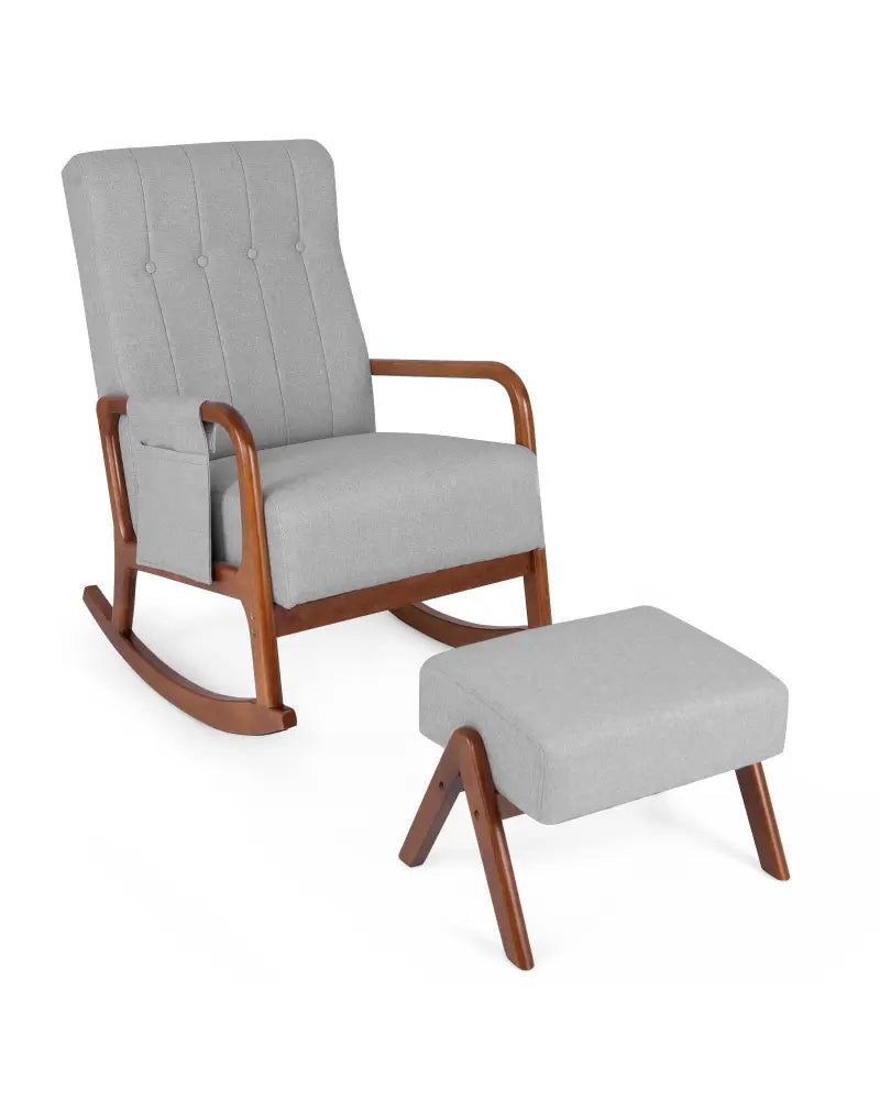 Rocking Chair with Ottoman and Solid Rubber Wood Frame and Padded Cushion-Gray - Gray - Accent Chairs