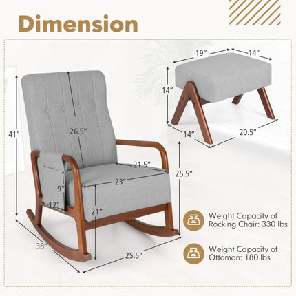 Rocking Chair with Ottoman and Solid Rubber Wood Frame and Padded Cushion-Gray - Gray - Accent Chairs