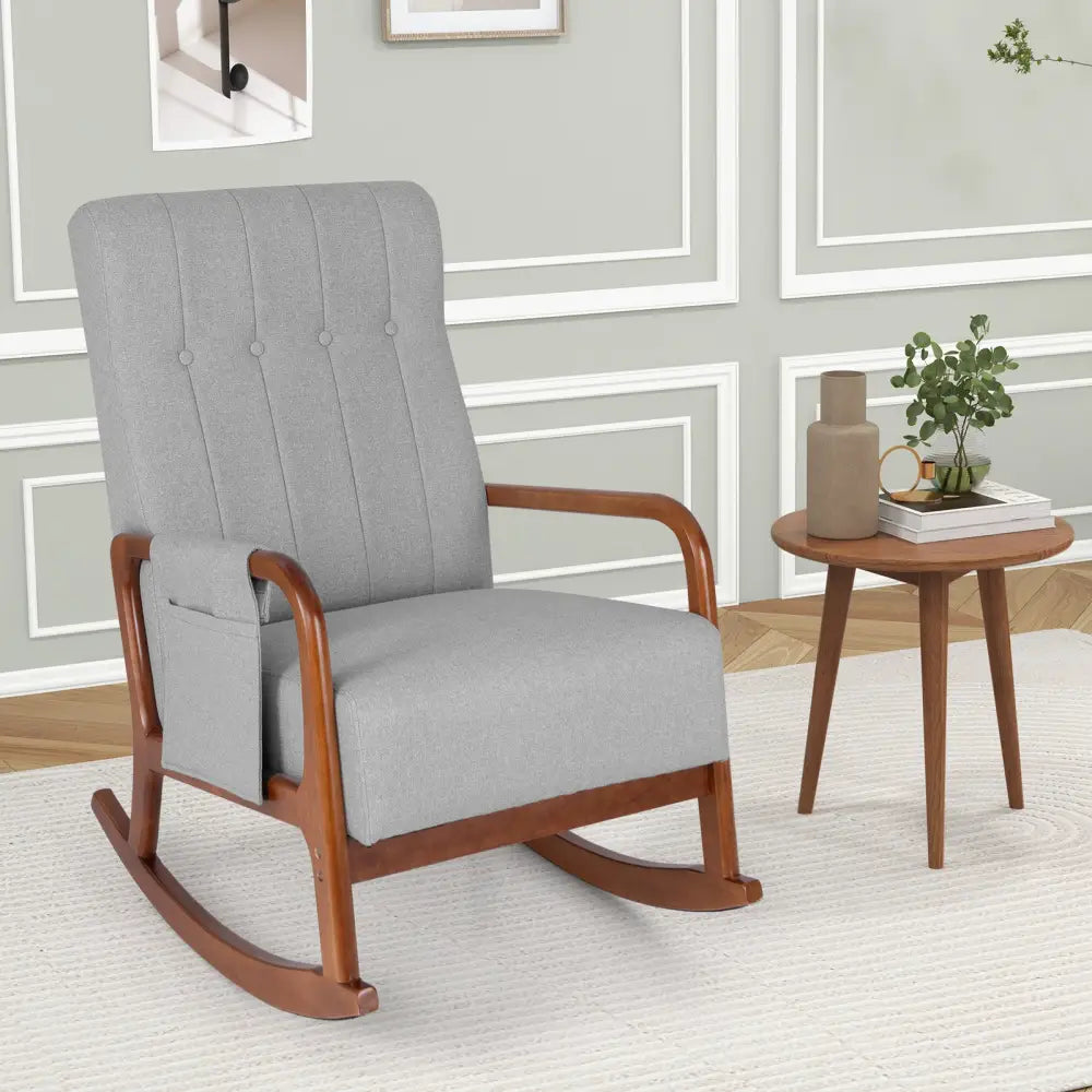 Rocking Chair with Ottoman and Solid Rubber Wood Frame and Padded Cushion-Gray - Gray - Accent Chairs