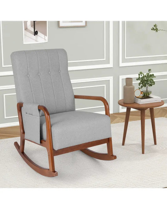 Rocking Chair with Ottoman and Solid Rubber Wood Frame and Padded Cushion-Gray - Gray - Accent Chairs