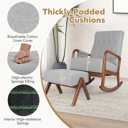 Rocking Chair with Ottoman and Solid Rubber Wood Frame and Padded Cushion-Gray - Gray - Accent Chairs