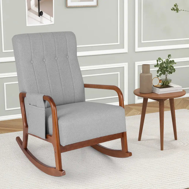 Rocking Chair with Ottoman and Solid Rubber Wood Frame and Padded Cushion-Gray - Gray - Accent Chairs