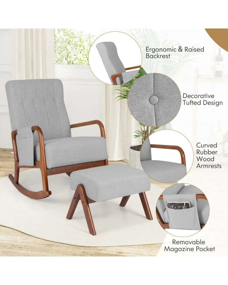 Rocking Chair with Ottoman and Solid Rubber Wood Frame and Padded Cushion-Gray - Gray - Accent Chairs