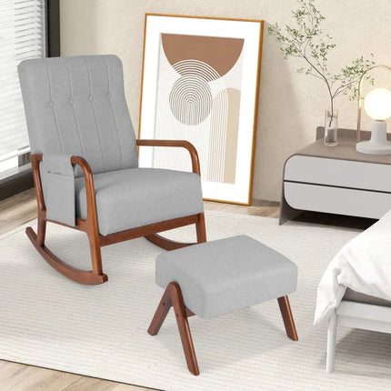 Rocking Chair with Ottoman and Solid Rubber Wood Frame and Padded Cushion-Gray - Gray - Accent Chairs