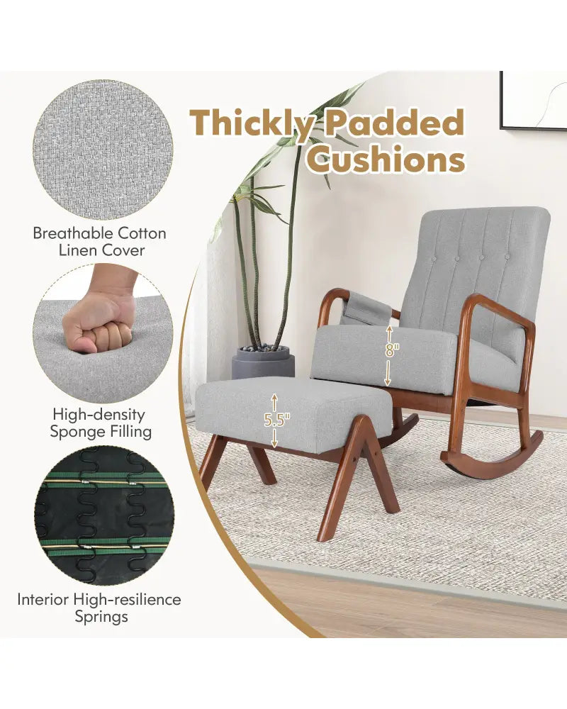 Rocking Chair with Ottoman and Solid Rubber Wood Frame and Padded Cushion-Gray - Gray - Accent Chairs
