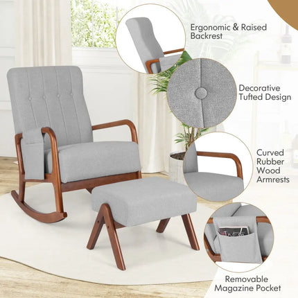 Rocking Chair with Ottoman and Solid Rubber Wood Frame and Padded Cushion-Gray - Gray - Accent Chairs