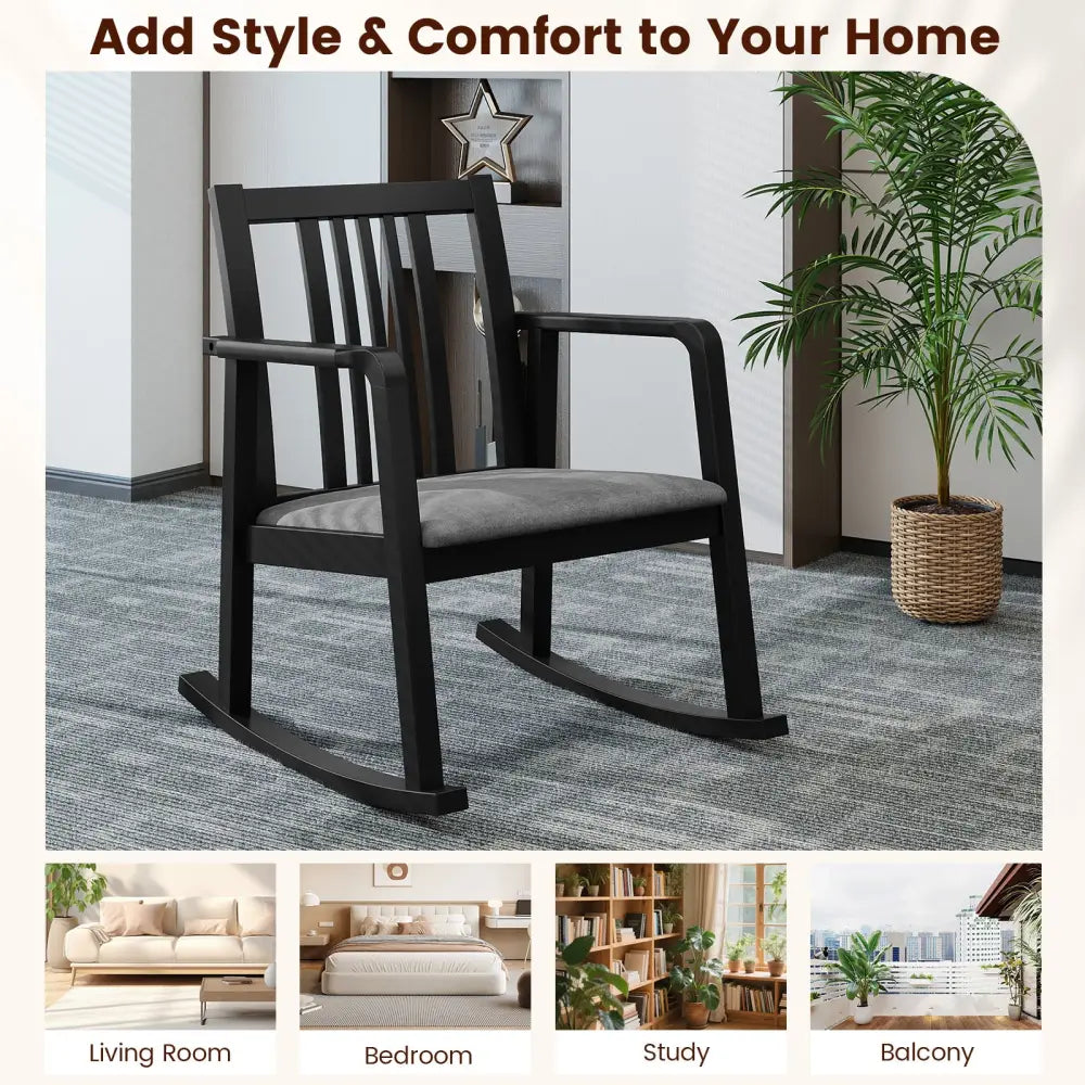 Rocking Chair with Slatted Back and Curved Armrests-Black - Black - Patio Rocking Chairs & Gliders
