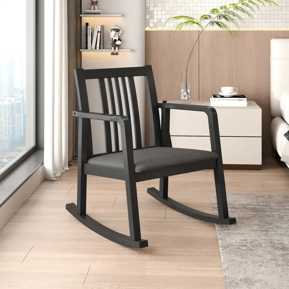 Rocking Chair with Slatted Back and Curved Armrests-Black - Black - Patio Rocking Chairs & Gliders