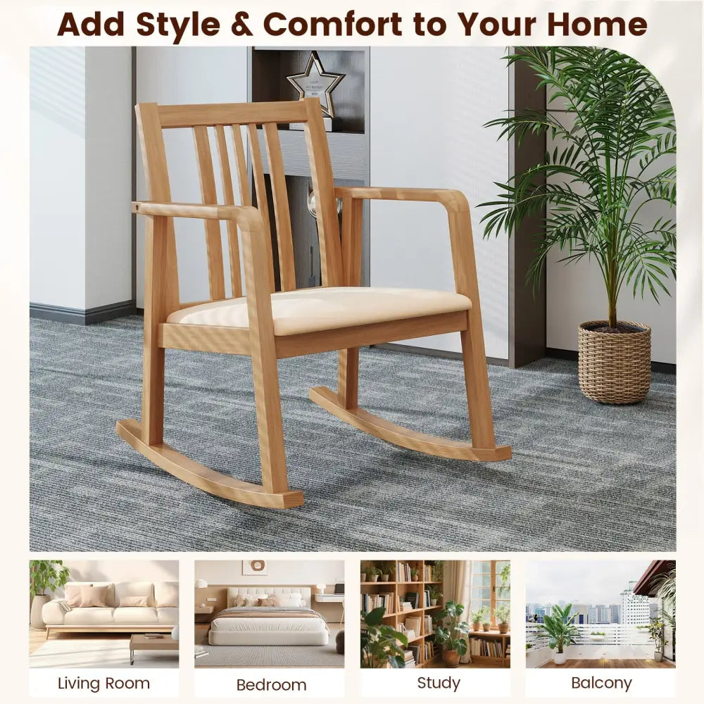 Rocking Chair with Slatted Back and Curved Armrests-Natural - Natural - Patio Rocking Chairs & Gliders