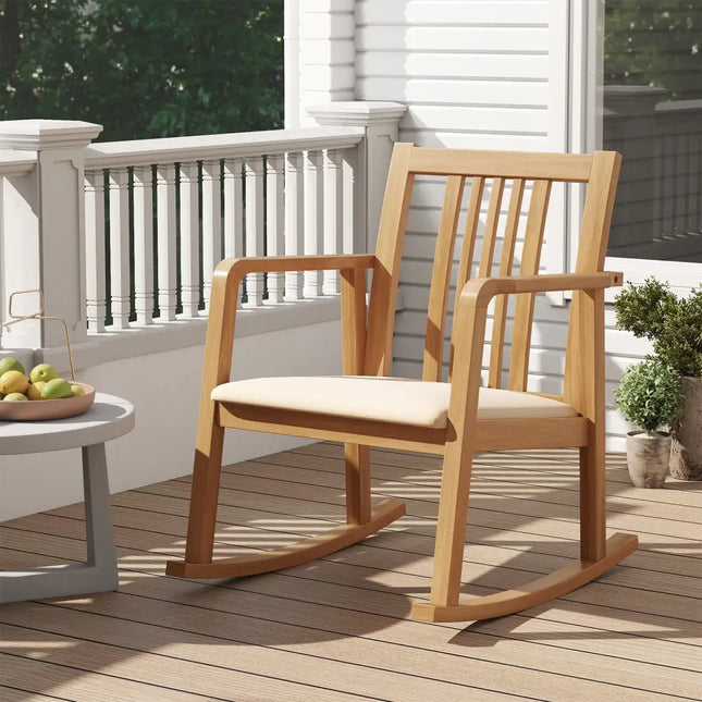 Rocking Chair with Slatted Back and Curved Armrests-Natural - Natural - Patio Rocking Chairs & Gliders