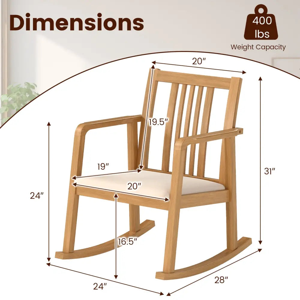 Rocking Chair with Slatted Back and Curved Armrests-Natural - Natural - Patio Rocking Chairs & Gliders
