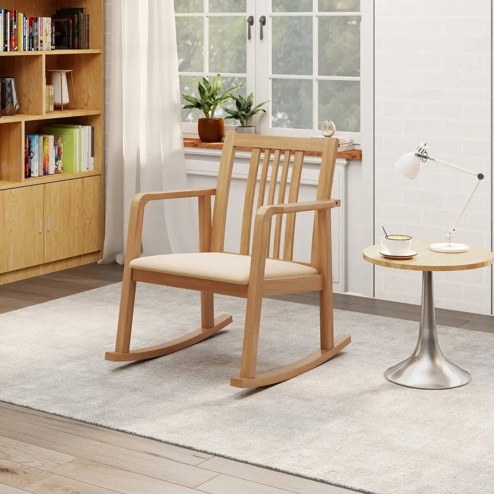 Rocking Chair with Slatted Back and Curved Armrests-Natural - Natural - Patio Rocking Chairs & Gliders