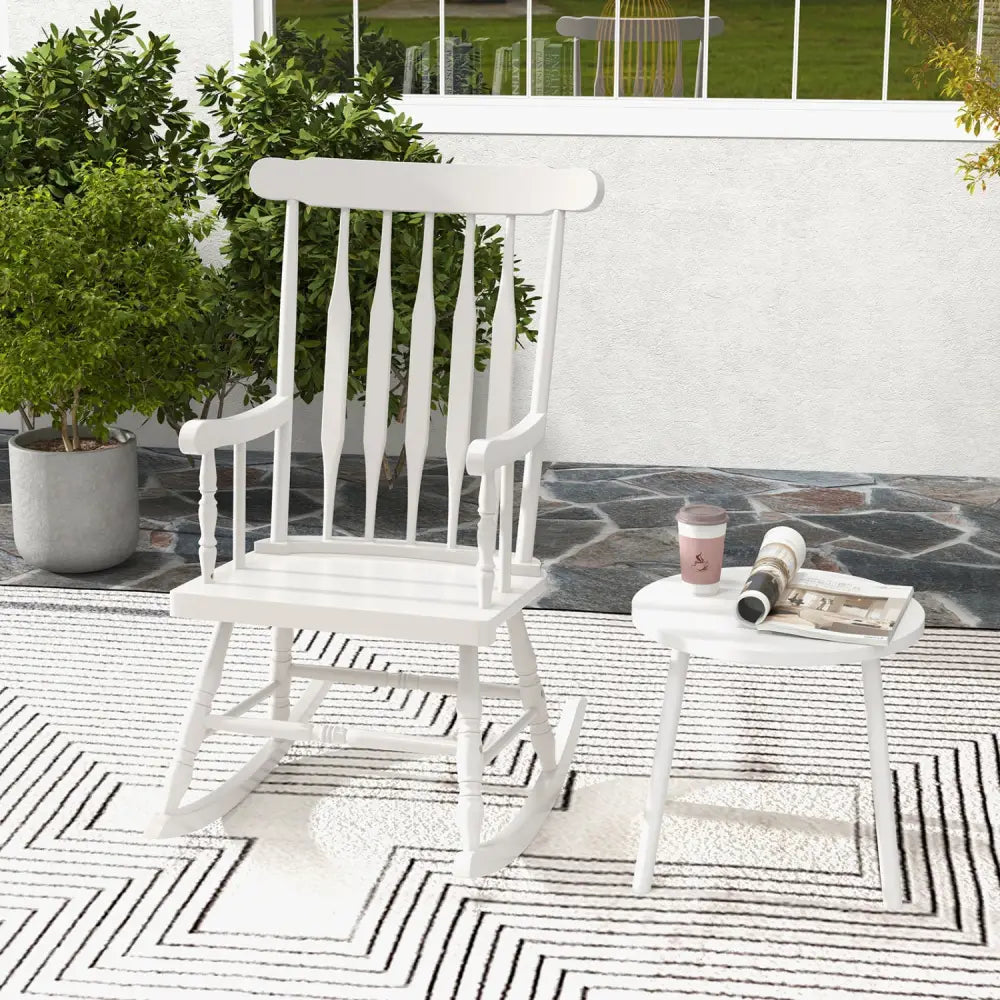Rocking Chair with Solid Wooden Frame for Garden and Patio-White - White - Patio Rocking Chairs & Gliders