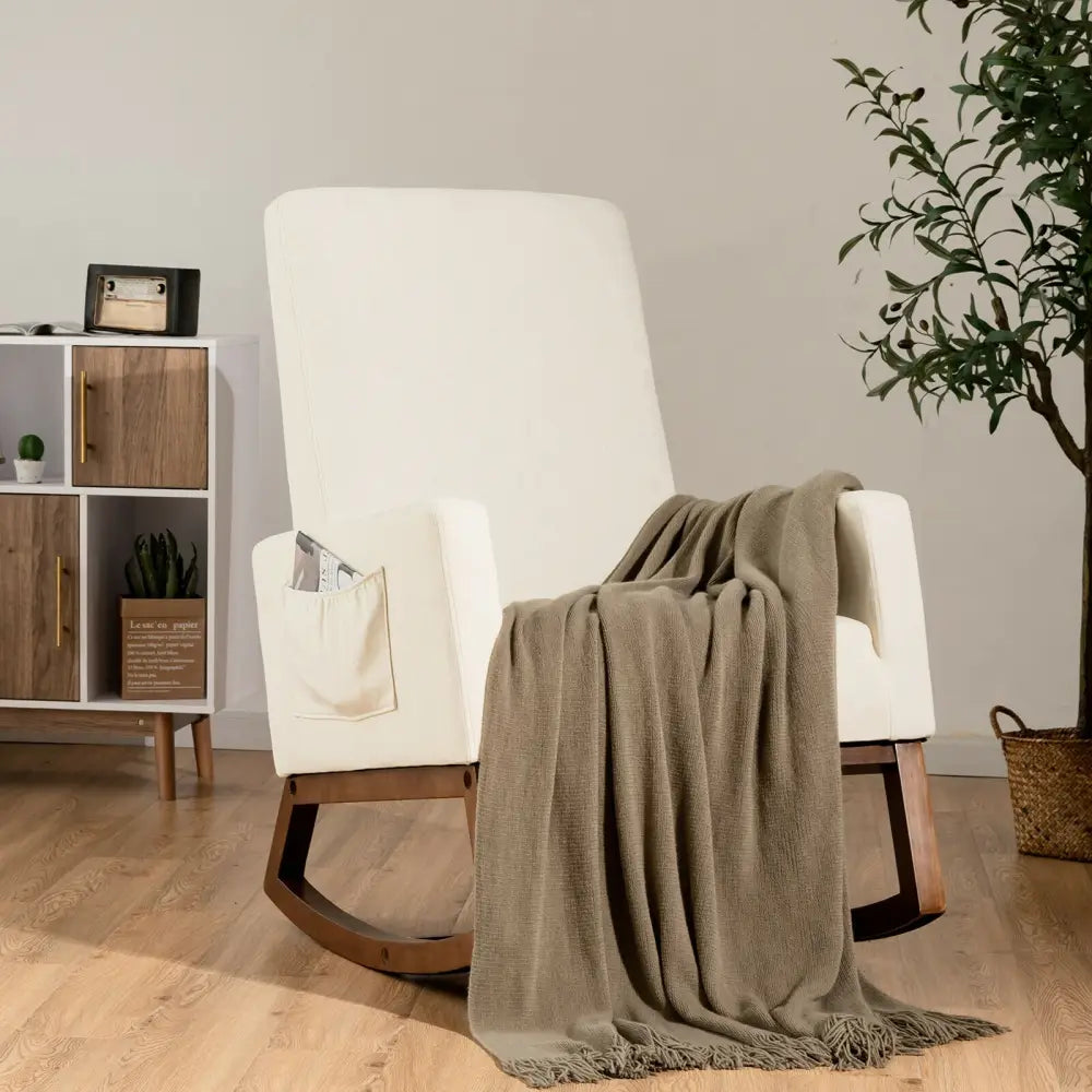 Rocking High Back Upholstered Lounge Armchair with Side Pocket-Beige - Beige - Accent Chairs