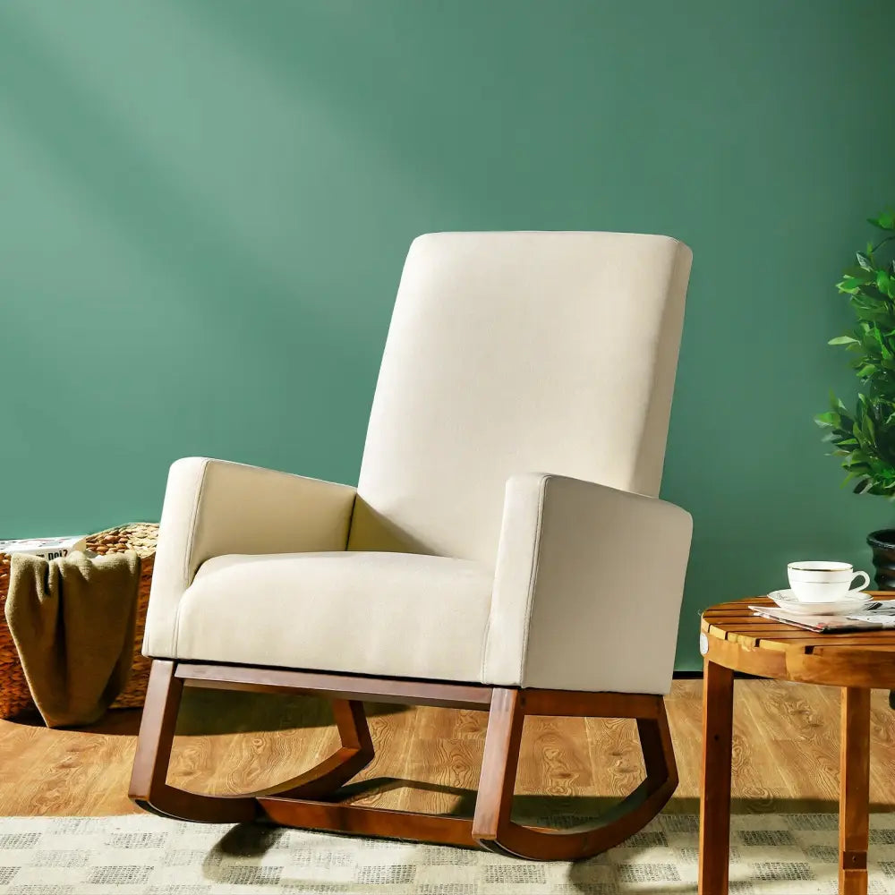 Rocking High Back Upholstered Lounge Armchair with Side Pocket-Beige - Beige - Accent Chairs