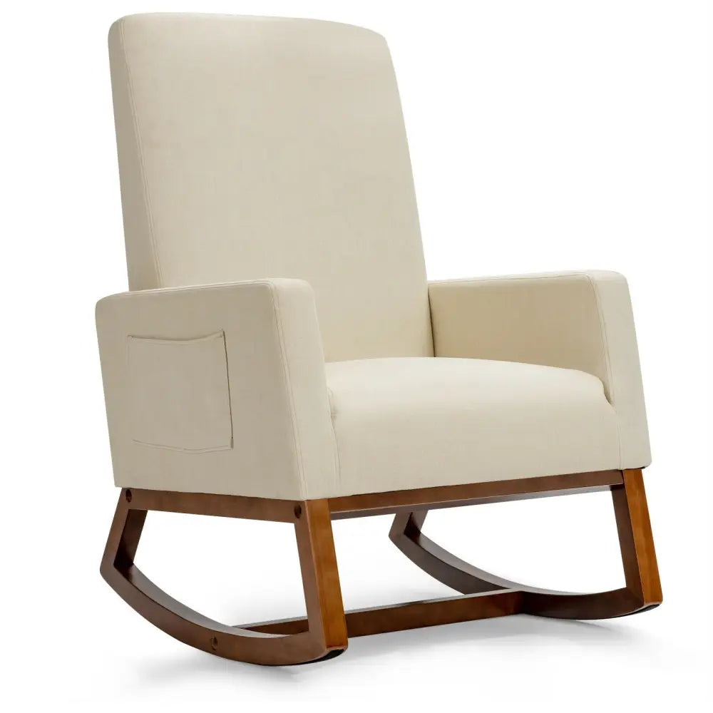 Rocking High Back Upholstered Lounge Armchair with Side Pocket-Beige - Beige - Accent Chairs