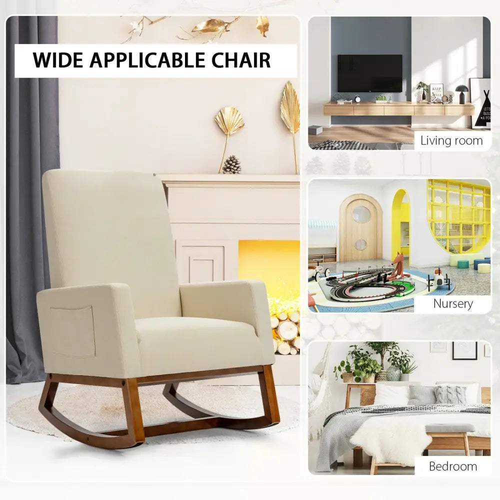 Rocking High Back Upholstered Lounge Armchair with Side Pocket-Beige - Beige - Accent Chairs
