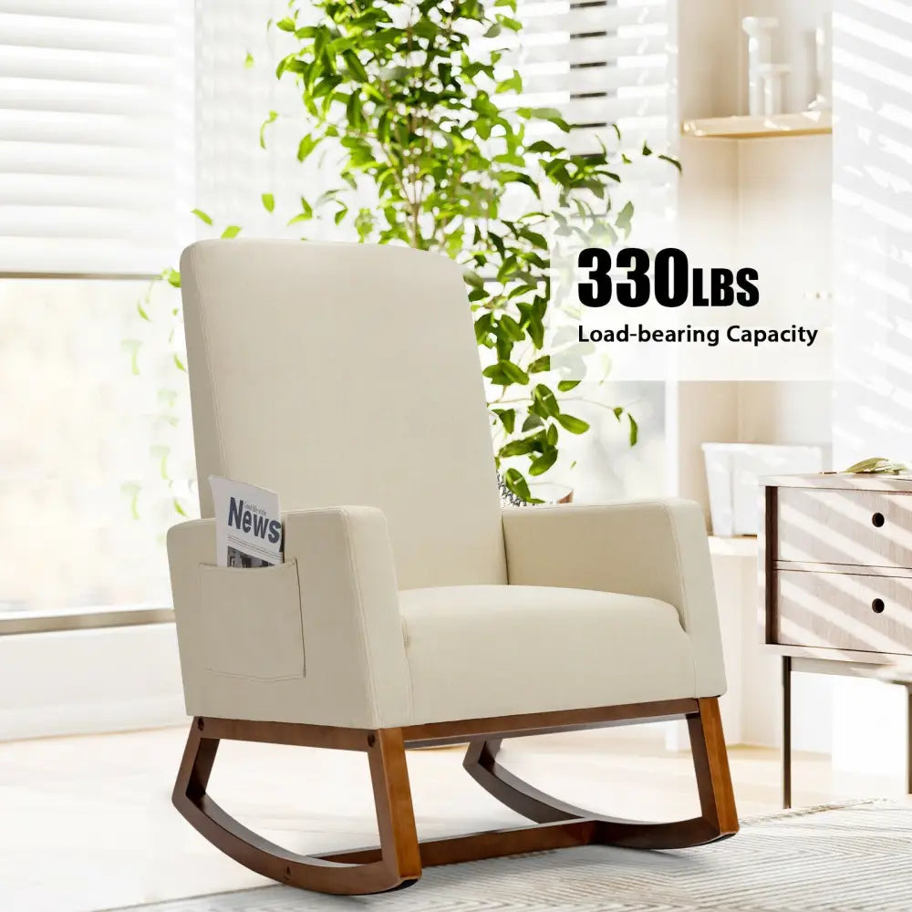 Rocking High Back Upholstered Lounge Armchair with Side Pocket-Beige - Beige - Accent Chairs
