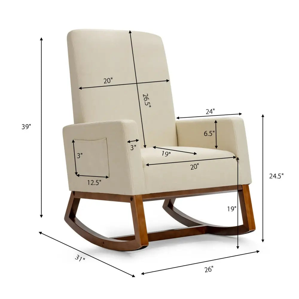 Rocking High Back Upholstered Lounge Armchair with Side Pocket-Beige - Beige - Accent Chairs
