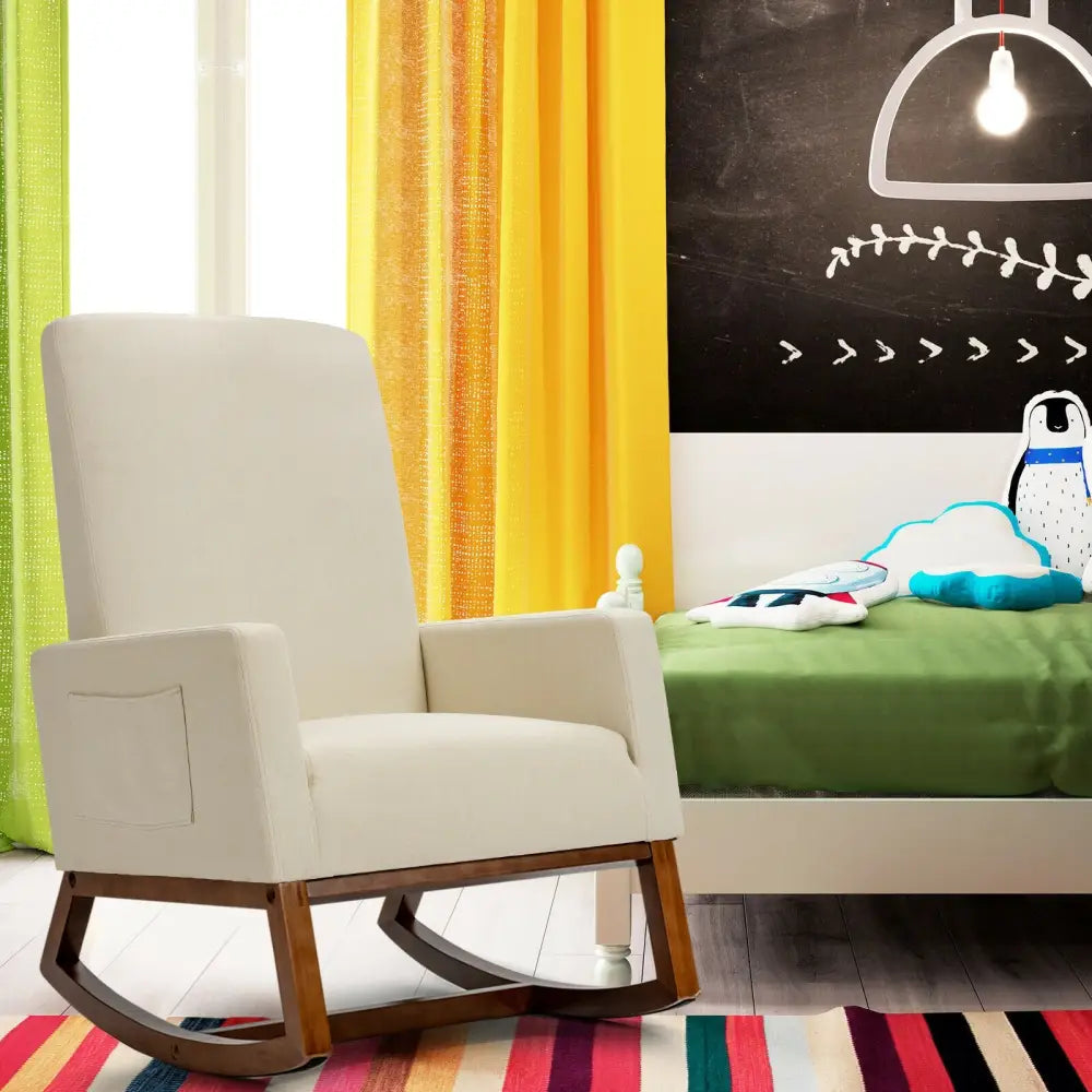 Rocking High Back Upholstered Lounge Armchair with Side Pocket-Beige - Beige - Accent Chairs